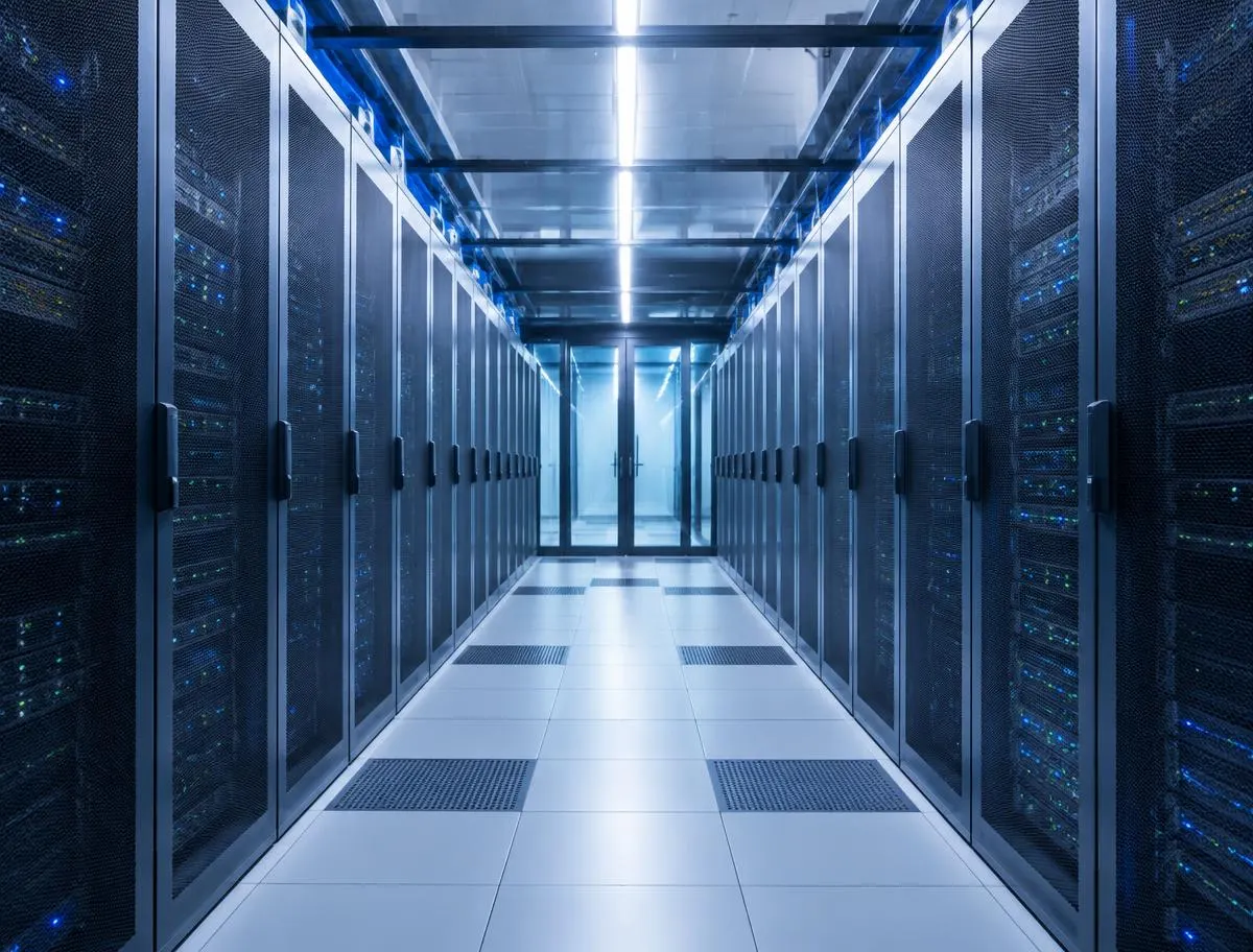 Blue-lit data centre aisle with rows of server racks