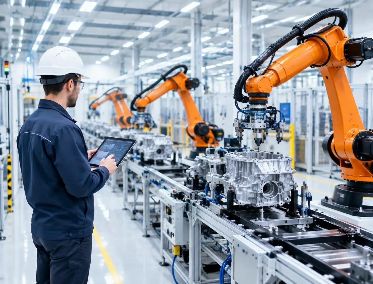 Engineer and robotic arms on a manufacturing production line